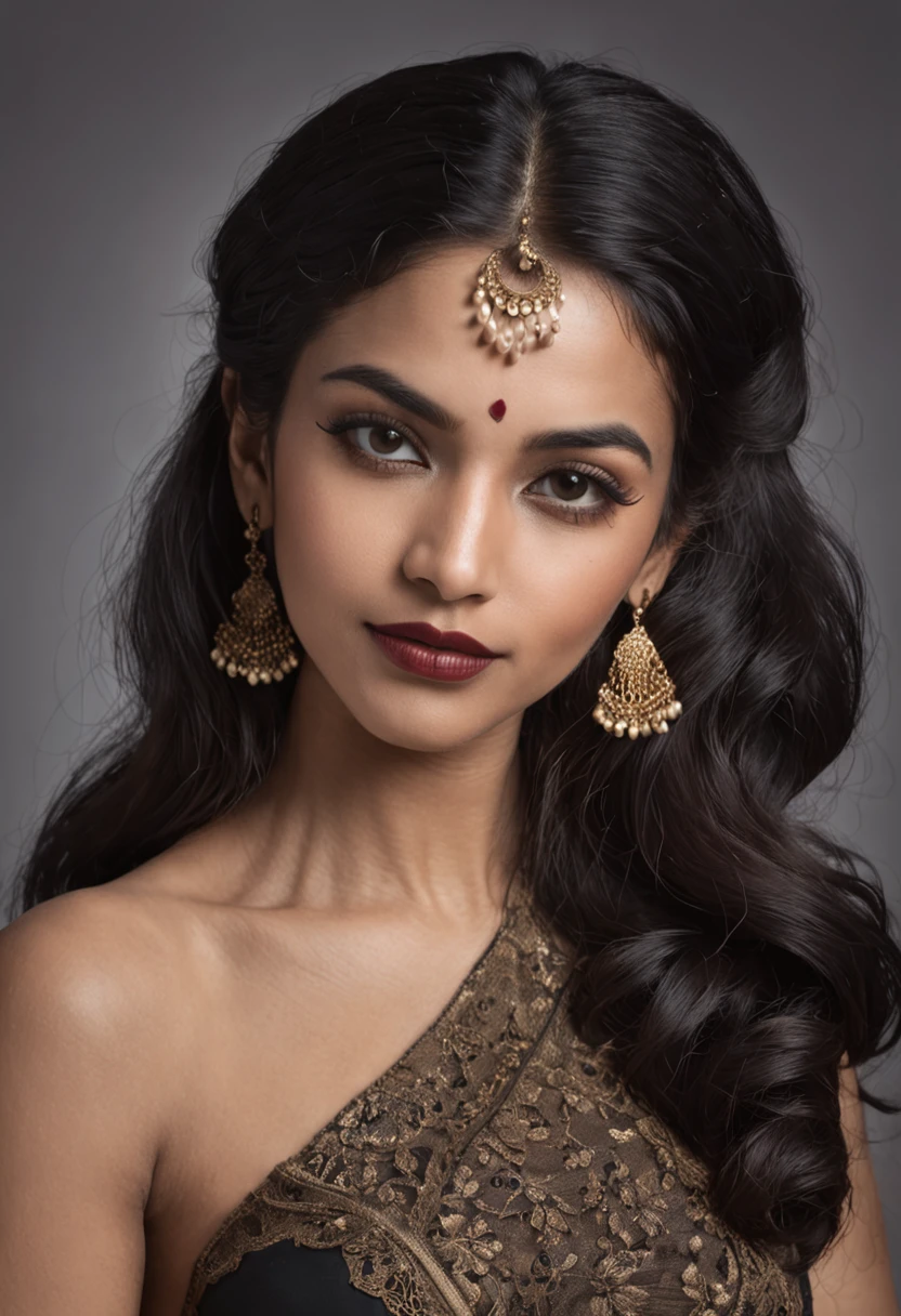 panoramic long shot of a beautiful south asian girl, dynamic pose, old classic , wavy black hair, 50s pin up style, intricate, detailed, DSLR camera , 8K UHD, deep blacks, post processing, nubian nose, protruding teeth