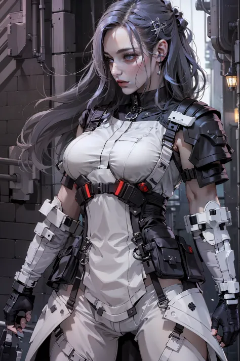 anime - style woman in white and black outfit holding a sword, wearing techwear and armor, photograph of a techwear woman, very ...