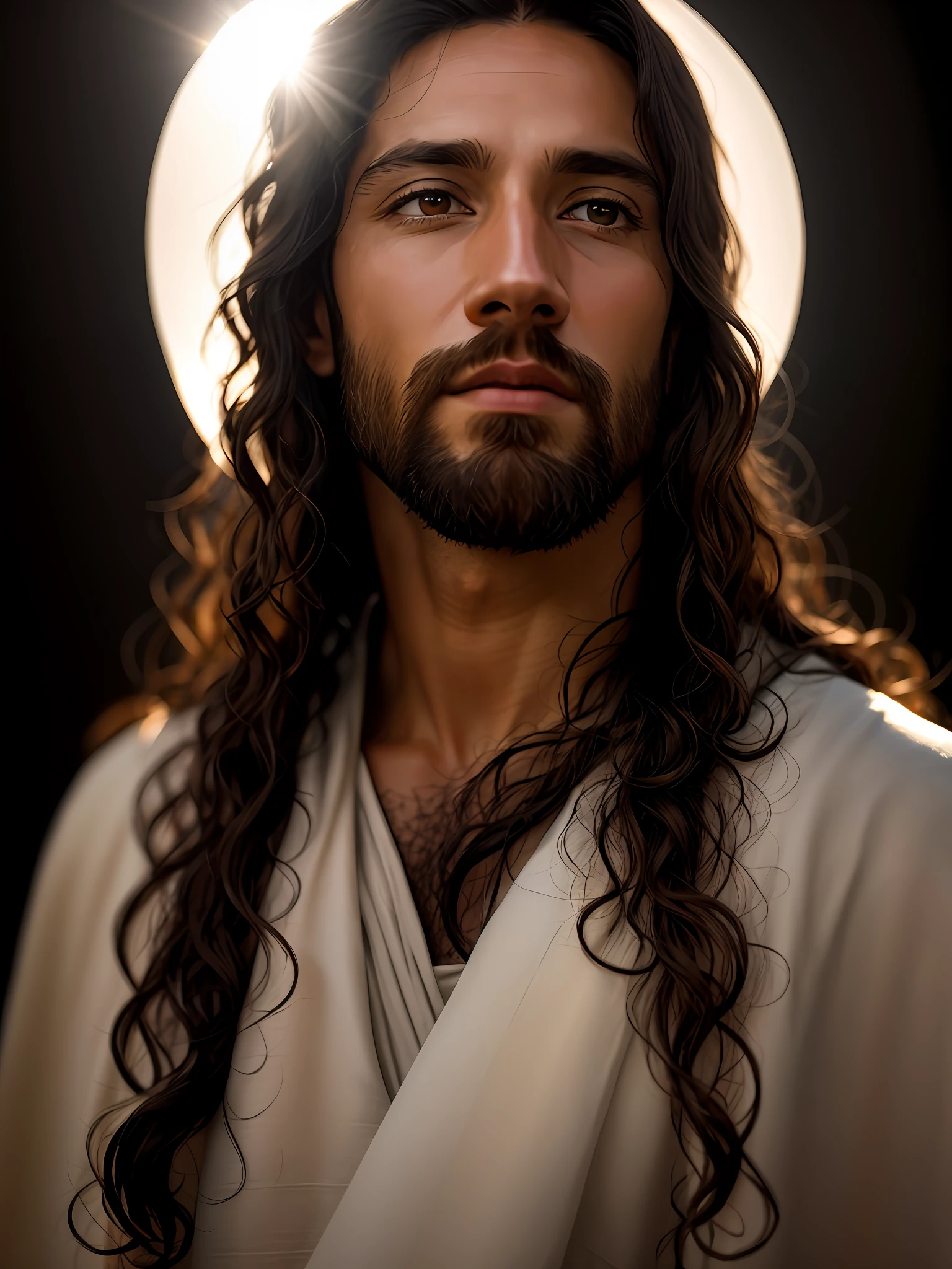 agregar_detalle:1, imagen realista de Jesucristo, agregar_detalle:luz y luz lejana del cielo por encima de la cabeza