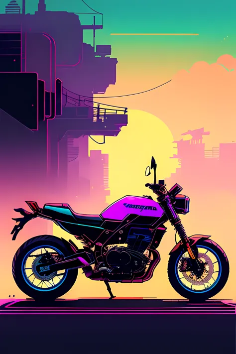 (nvinkpunk: 1.2) motocicleta estilo snthwve, onda de luz, orange sunset, intrincada, altamente detalhada