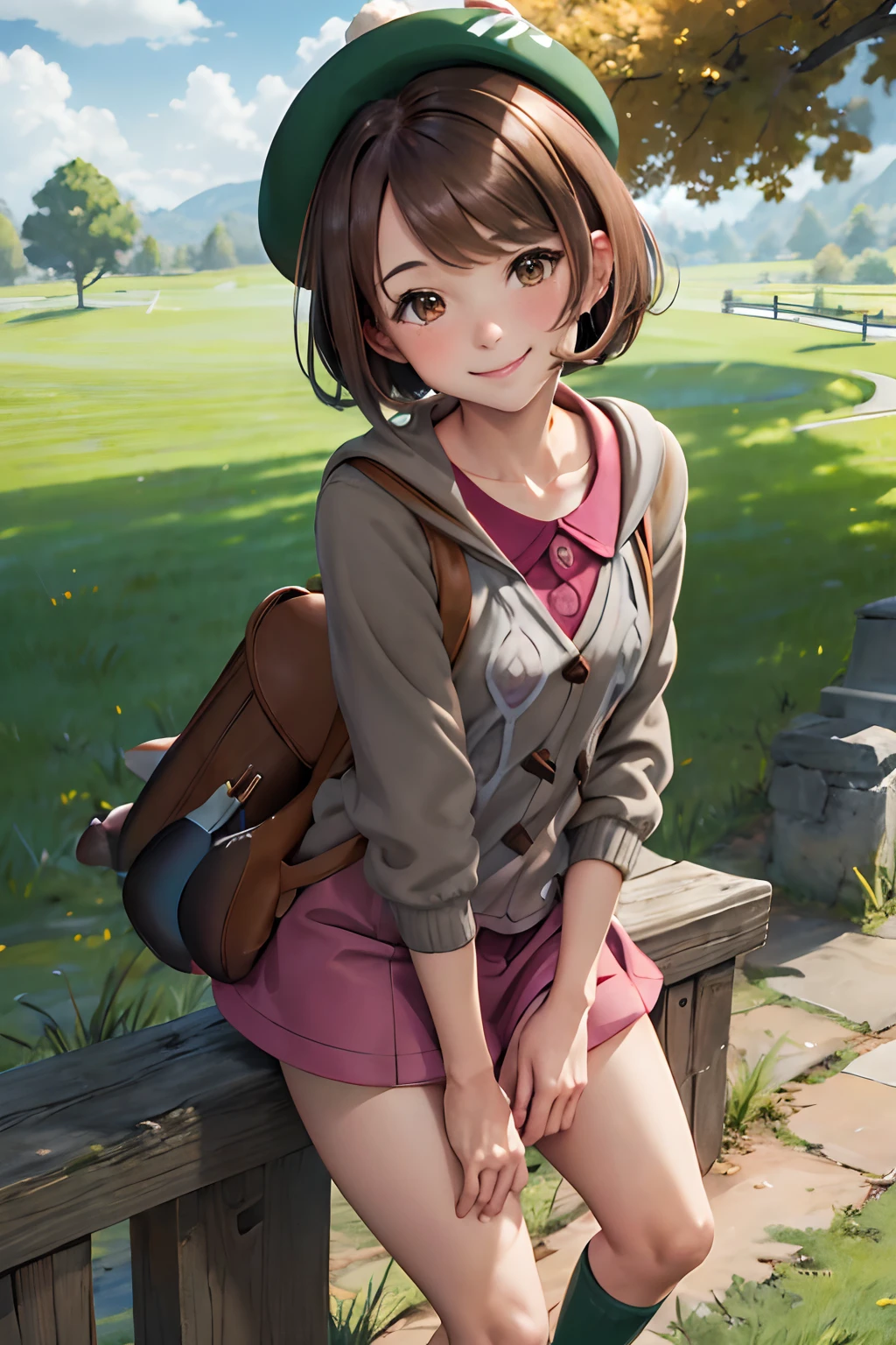 masterpiece, best quality, highres, gloria1, 1girl, gloria \(pokemon\), brown hair, solo, backpack, brown eyes, tam o' shanter, grey cardigan, pink dress, short hair, green socks, socks, brown bag, bob cut, bangs, long sleeves, collared dress, cowboy shot, smile, field, grass,