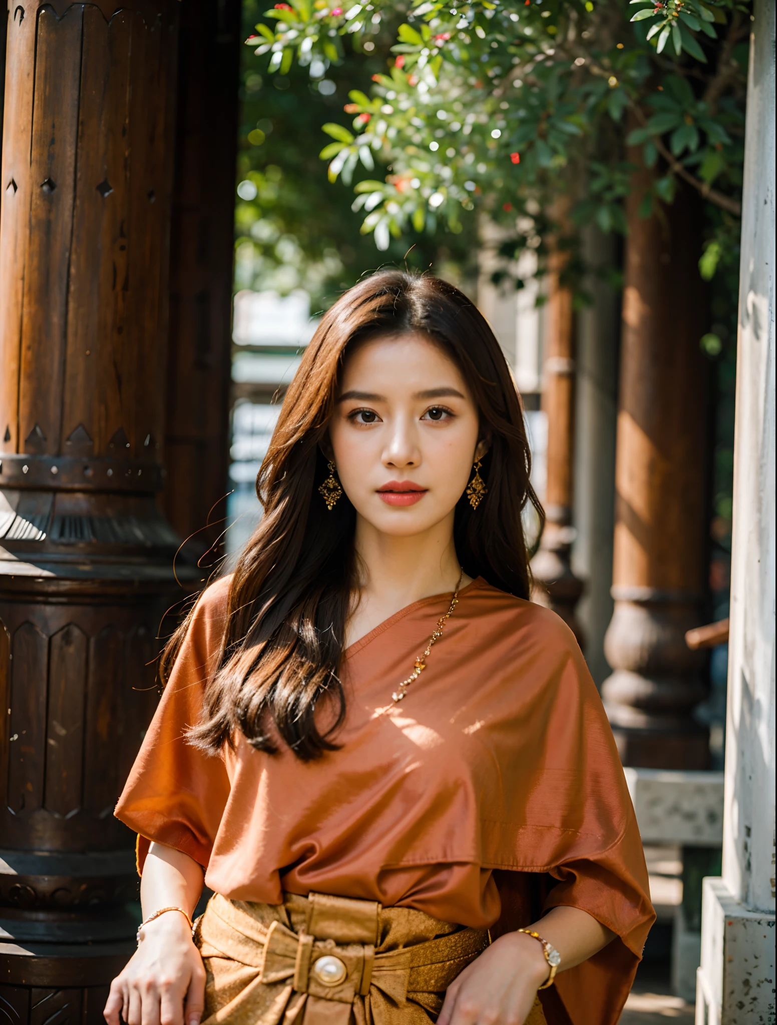 (8k,masterpiece,hi ultra res, realistic :1.3), best quality, portrait , realistic, focus face, 1  woman, brown long hair, thai traditional dress , ( red sabai:1.2), temple background, (breeze:1.2),(sun lighting:1.2)