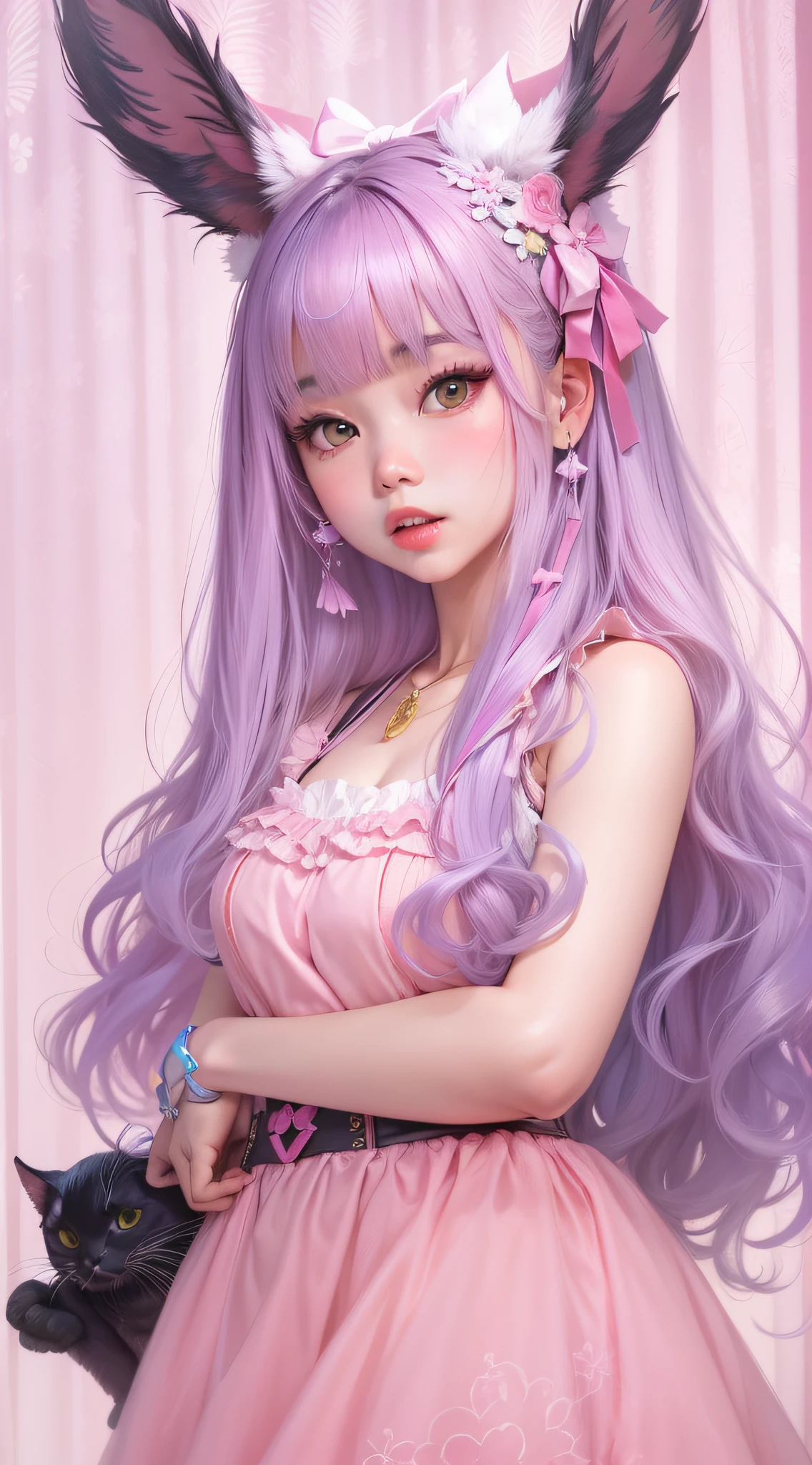 A close up of a woman with long hair wearing a pink dress - SeaArt AI