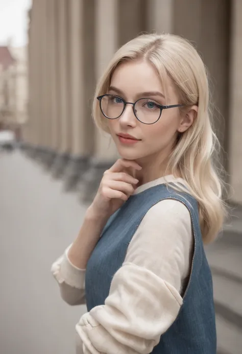 Blond woman with glasses and a blue dress posing for a picture - SeaArt AI