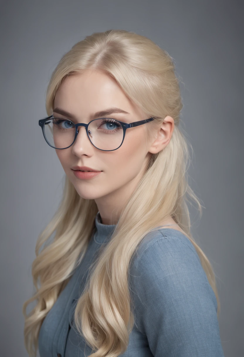 A woman with long blonde hair wearing glasses and a blue shirt - SeaArt AI