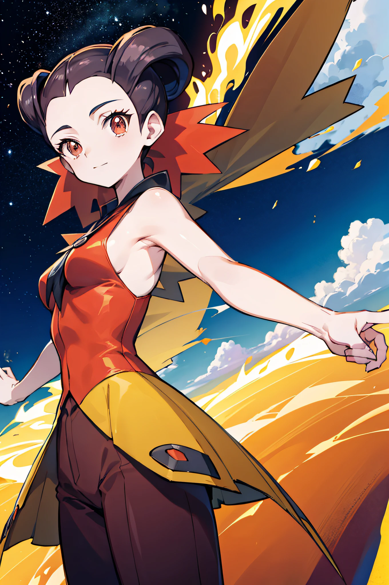 anime styling, The environment filled with fire, Playing with Pokémon , roxanne( charachter) is in a standard outfit, long hair, cor parda, orange eyes, Grinning, ultrarealistic, fully body, 2d