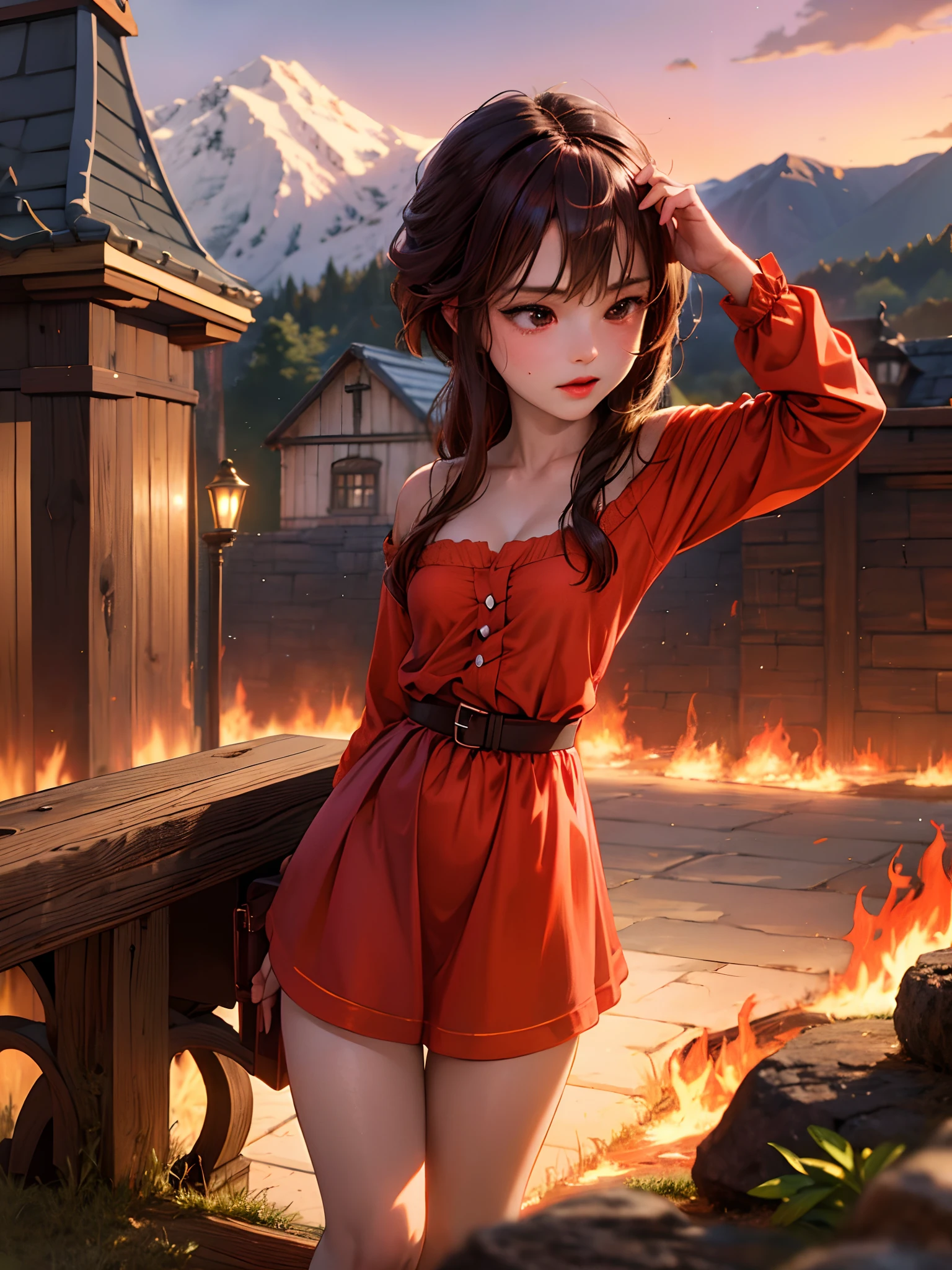 (absurdres, highres, ultra detailed, HDR), masterpiece, best quality, legend of mana konosuba megumin the fire sorcerer inside the town of domina