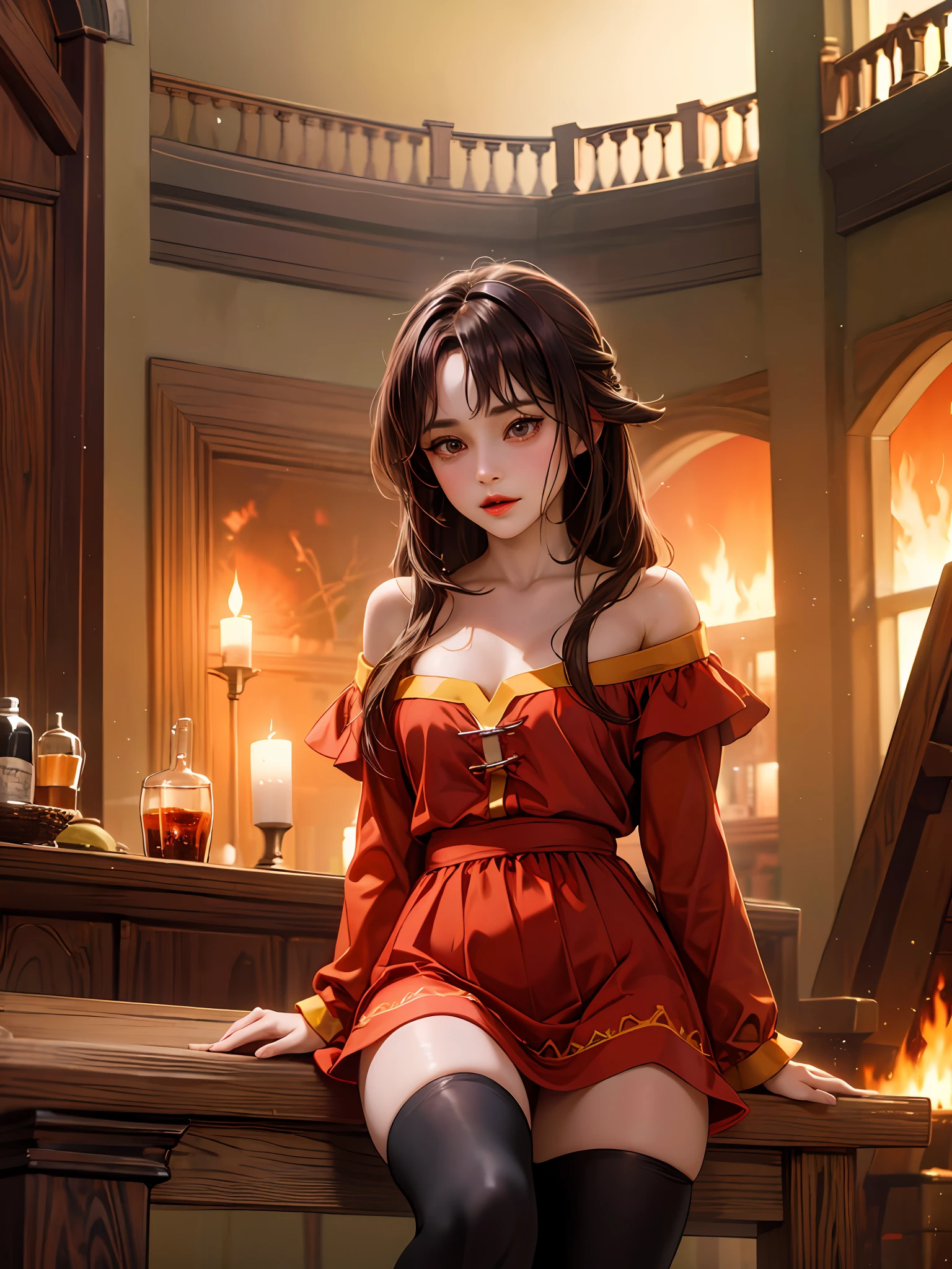 (absurdres, highres, ultra detailed, HDR), masterpiece, best quality, legend of mana konosuba megumin the fire sorcerer inside the town of domina