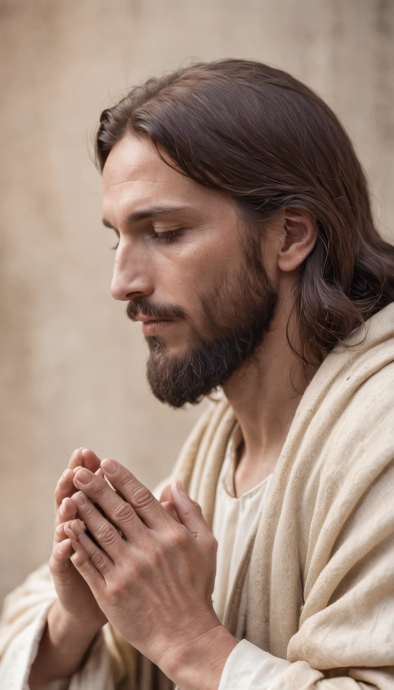 "Generate an image: Jesus profile prayer hands clasped."