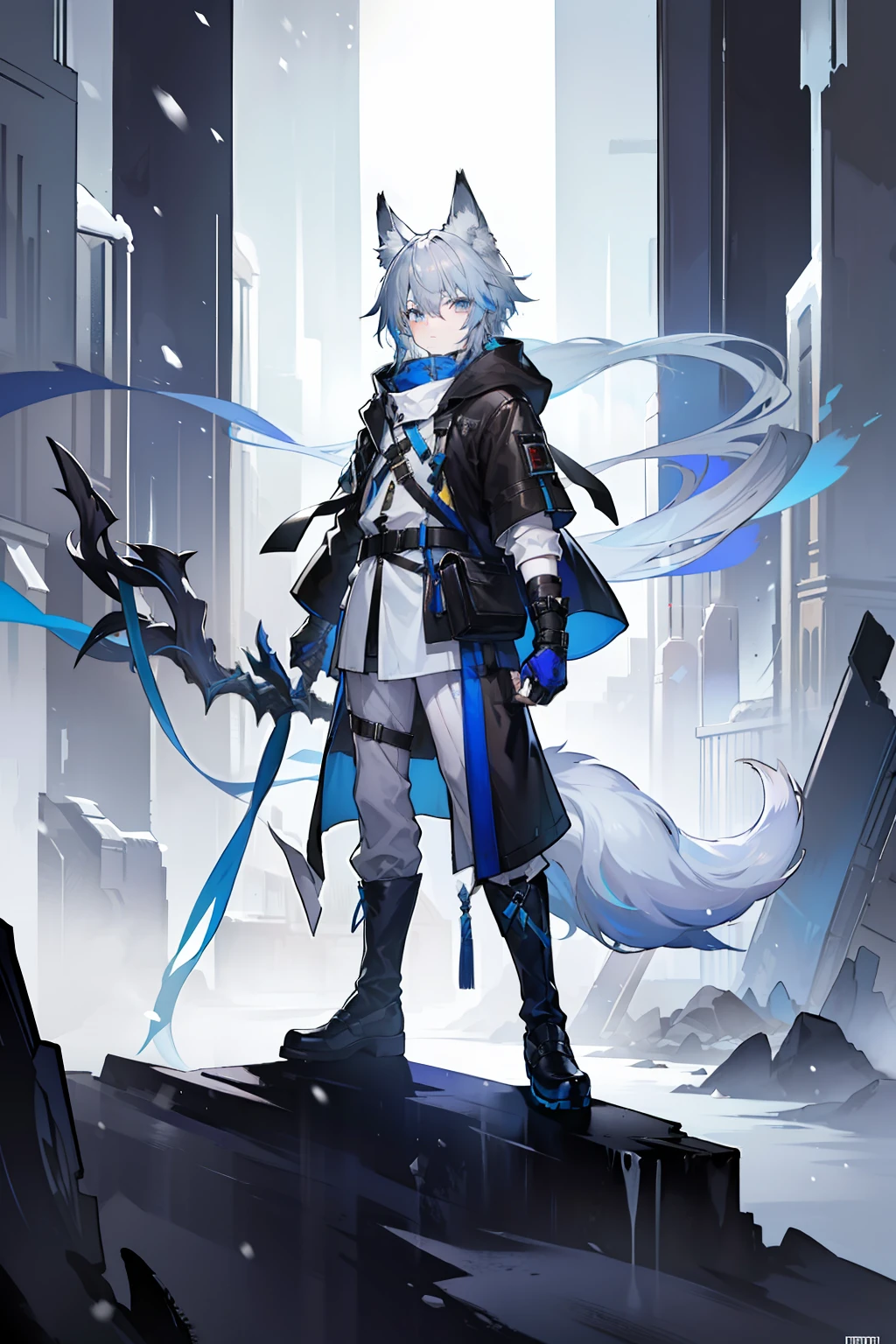 (masterpiece), best quality, expressive eyes, perfect face, 1boy, solo, (light shade hair, fox tail, blue grey hair, fox boy, young male, young boy, fox ears, light blue grey hair, pale light blue gray hair, pale blue hair, bluish cyan hair), azure eyes, yellow undertones, yellow highlights, (leather robe, brown cape, dark hood), staff, spellcasting staff, short young boy, young boy, poor, ragged clothes, scratched clothing, poor clothing, not rich, basic clothing, short bangs, big eyes, dark brown robe, brown pants, rope tied, fox tail, scared, young face, eyebags, black pants, arknights design, arknights character, arknights style, dynamic pose, snow, light outfit, boots, snowy area, pale blue outfit