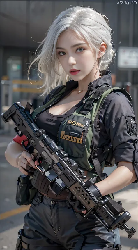 Photorealistic, high resolution, 1womanl, Solo, Hips up, view the viewer, (Detailed face), White hair, SWAT vests, Gun, jewelry