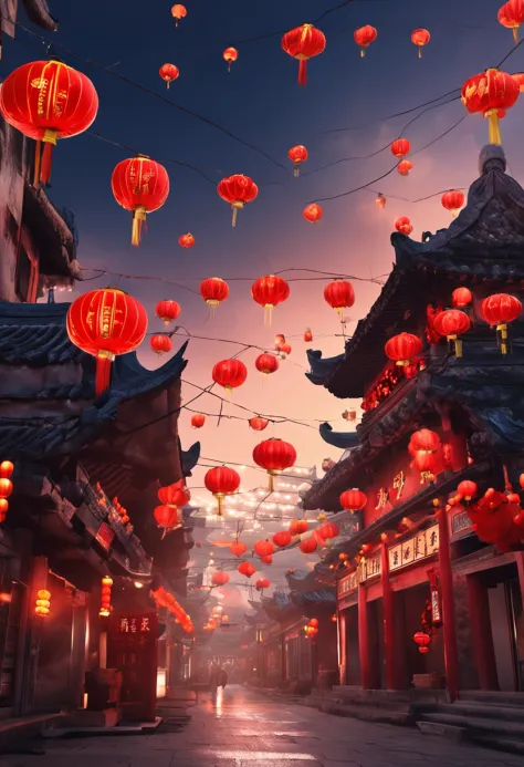 New Year，Chinese-style town，nigh sky，Decorations，Chinese lanterns are hung，fire works