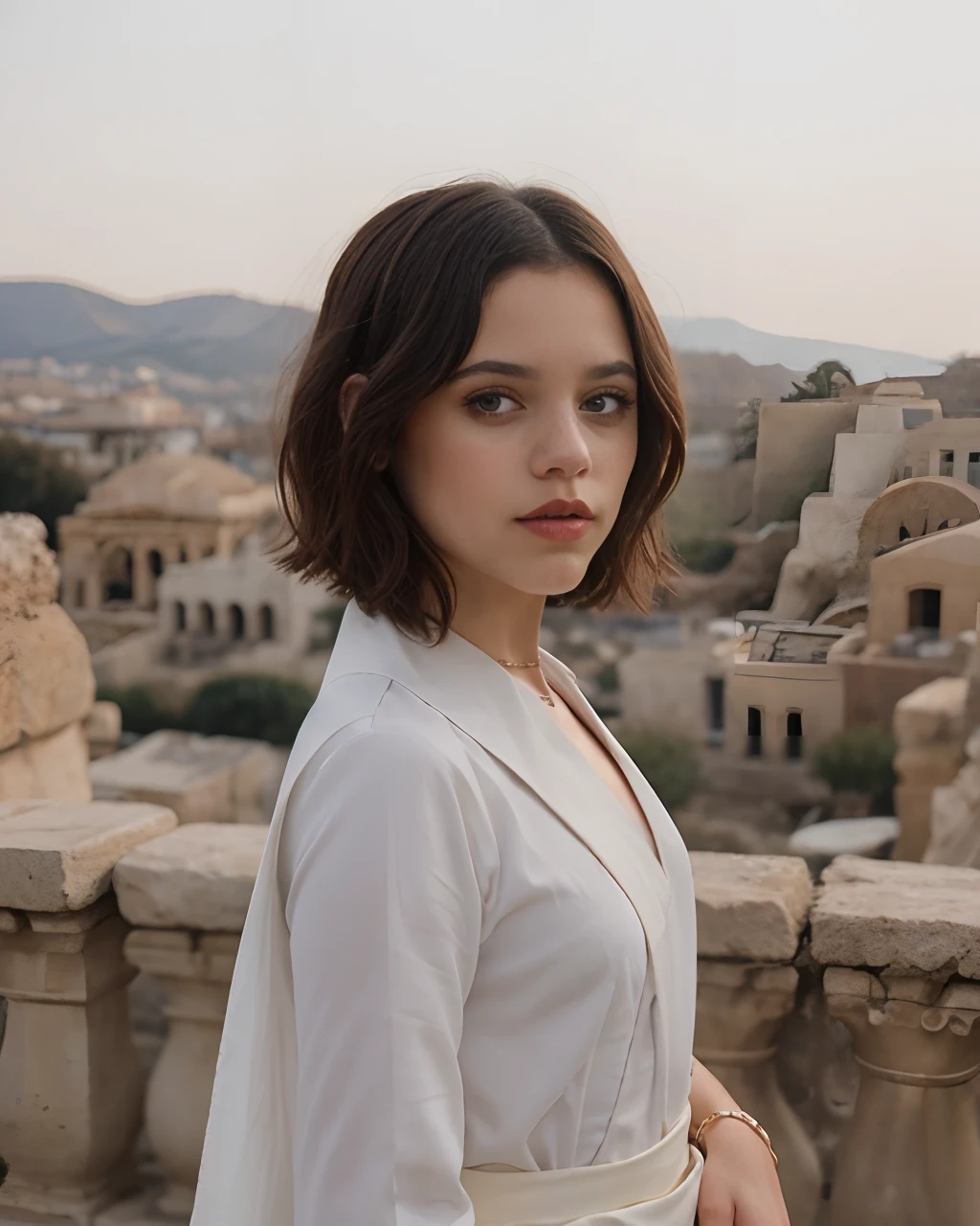 Foto de jortega con una túnica romana blanca para mujer, solo, blue eyes, corte de pelo bob inverso, entorno de la antigua Grecia, ambiente cálido, fotografía, Sesión de fotos, Capturado por la cámara Panavision Panaflex Platinum con lente esférica Panavision Primo Primes de 75 mm T1.9