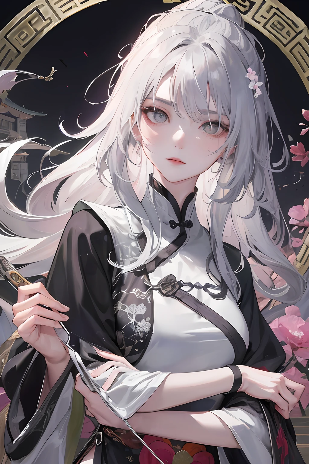 Masterpiece, Best quality, Night, full moon, 1 girl, Mature woman, Chinese style, Ancient China, sister, Royal Sister, Cold expression, Expressionless face, Silver white long haired woman, Light pink lips, calm, Intellectual, tribelt, Gray pupils, assassins, short knife, flower ball background, Stroll through the street view