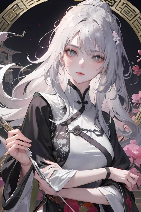 Masterpiece, Best quality, Night, full moon, 1 girl, Mature woman, Chinese style, Ancient China, sister, Royal Sister, Cold expression, Expressionless face, Silver white long haired woman, Light pink lips, calm, Intellectual, tribelt, Gray pupils, assassin...