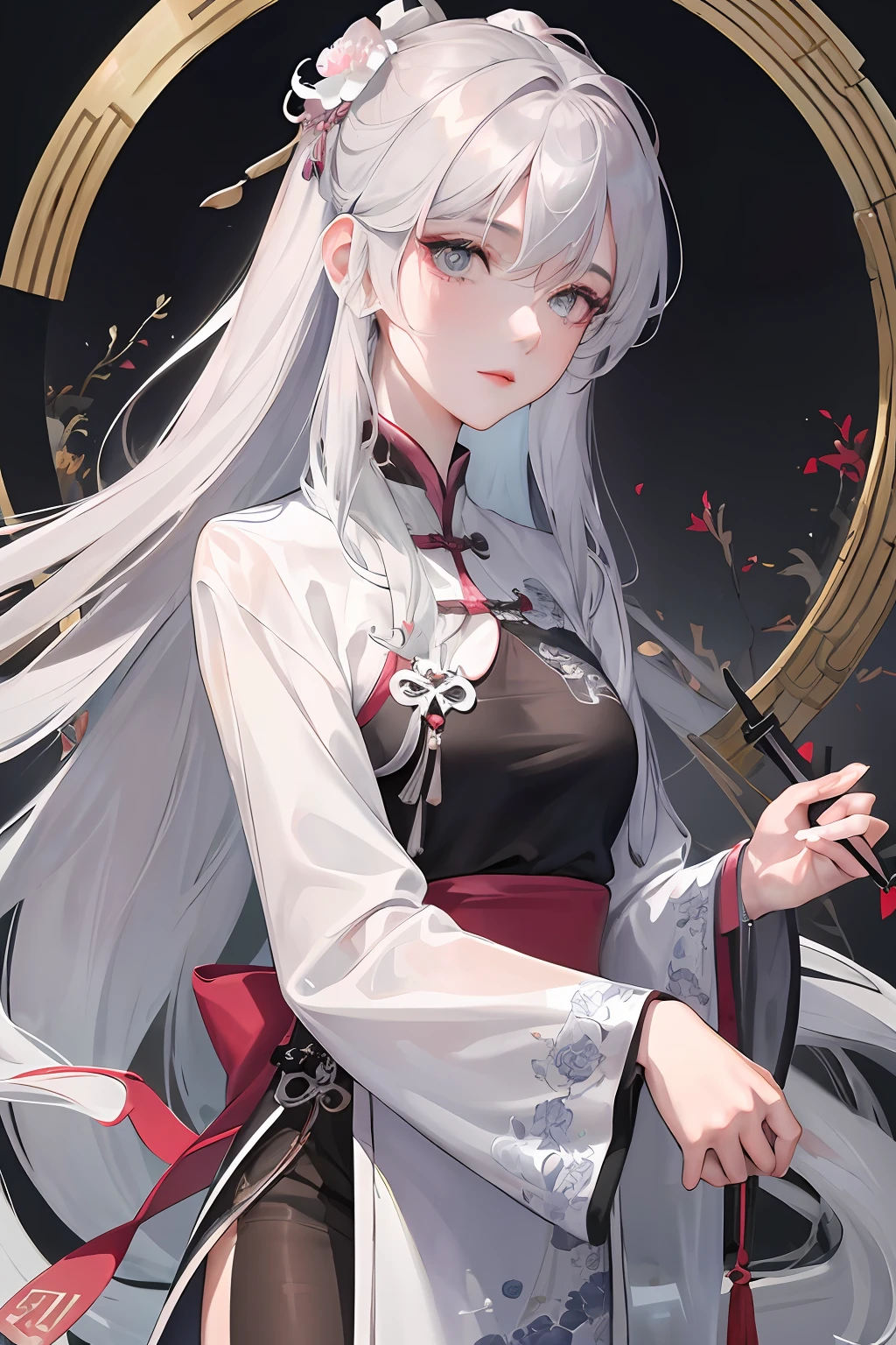 Masterpiece, Best quality, Night, full moon, 1 girl, Mature woman, Chinese style, Ancient China, sister, Royal Sister, Cold expression, Expressionless face, Silver white long haired woman, Light pink lips, calm, Intellectual, tribelt, Gray pupils, assassins, short knife, flower ball background, Stroll through the street view