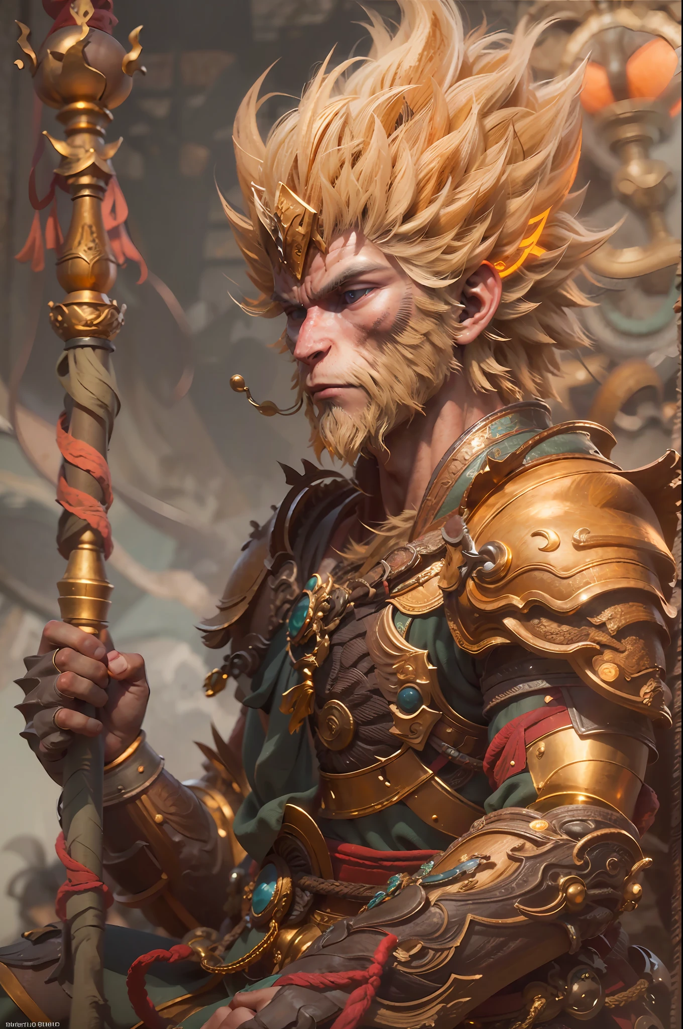 (傑作, 最好的細節), 蜮, Sun Wukong, 金色的头发, 配戴金環, 穿著傳統服裝盔甲, 將工作人員放在肩上