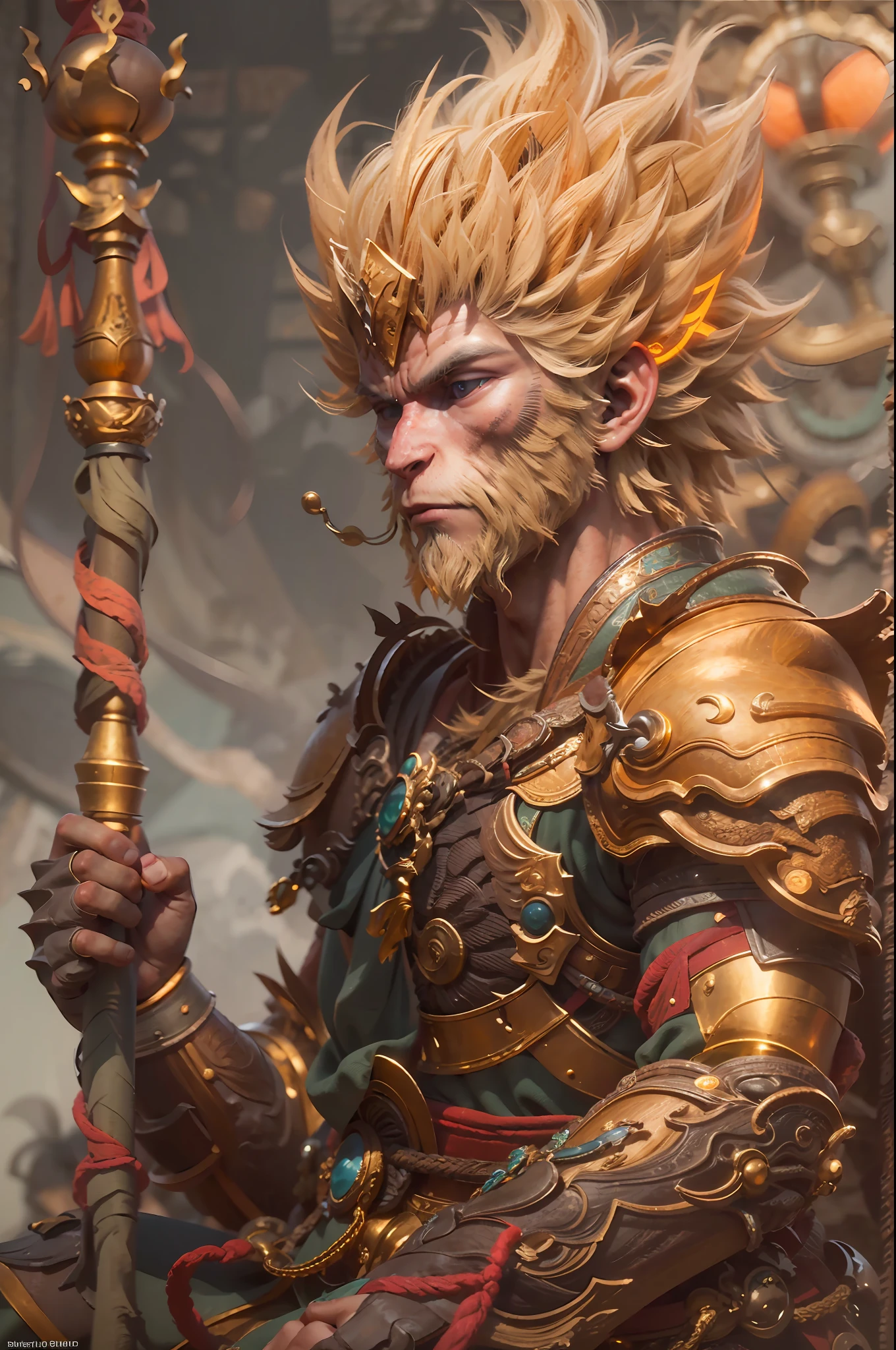 (Obra de arte, Melhores detalhes), criatura mítica, sol wukong, cabelos dourados, usar diadema dourado, use armadura tradicional, segurando o cajado apoiado em seu ombro