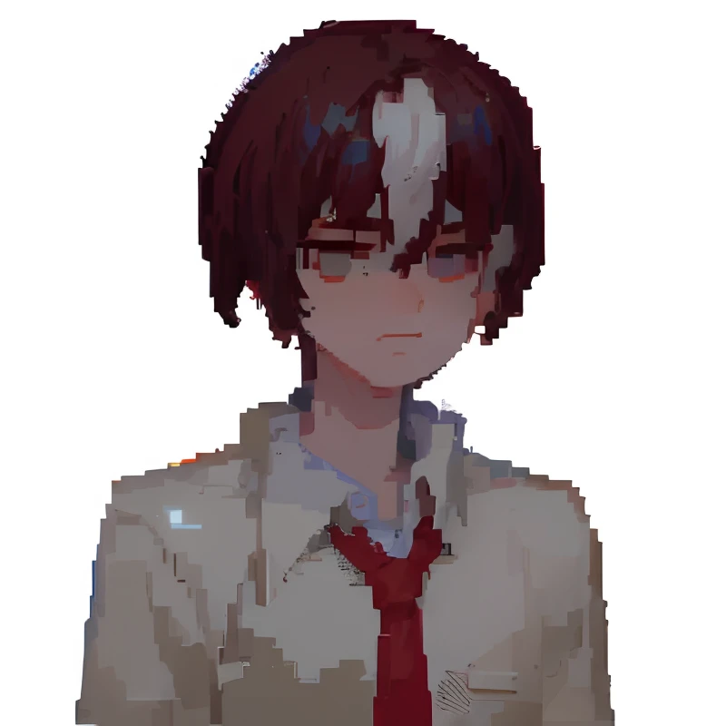 ((The style of pixel art)), pix, 4-bit pixel art, Boy student，Close-up, Face only, Pixel official art,Simple background, Gray background, Ultra-fine pixel art，Red and white hair，Pick dyeing，red color eyes，red necktie，校服