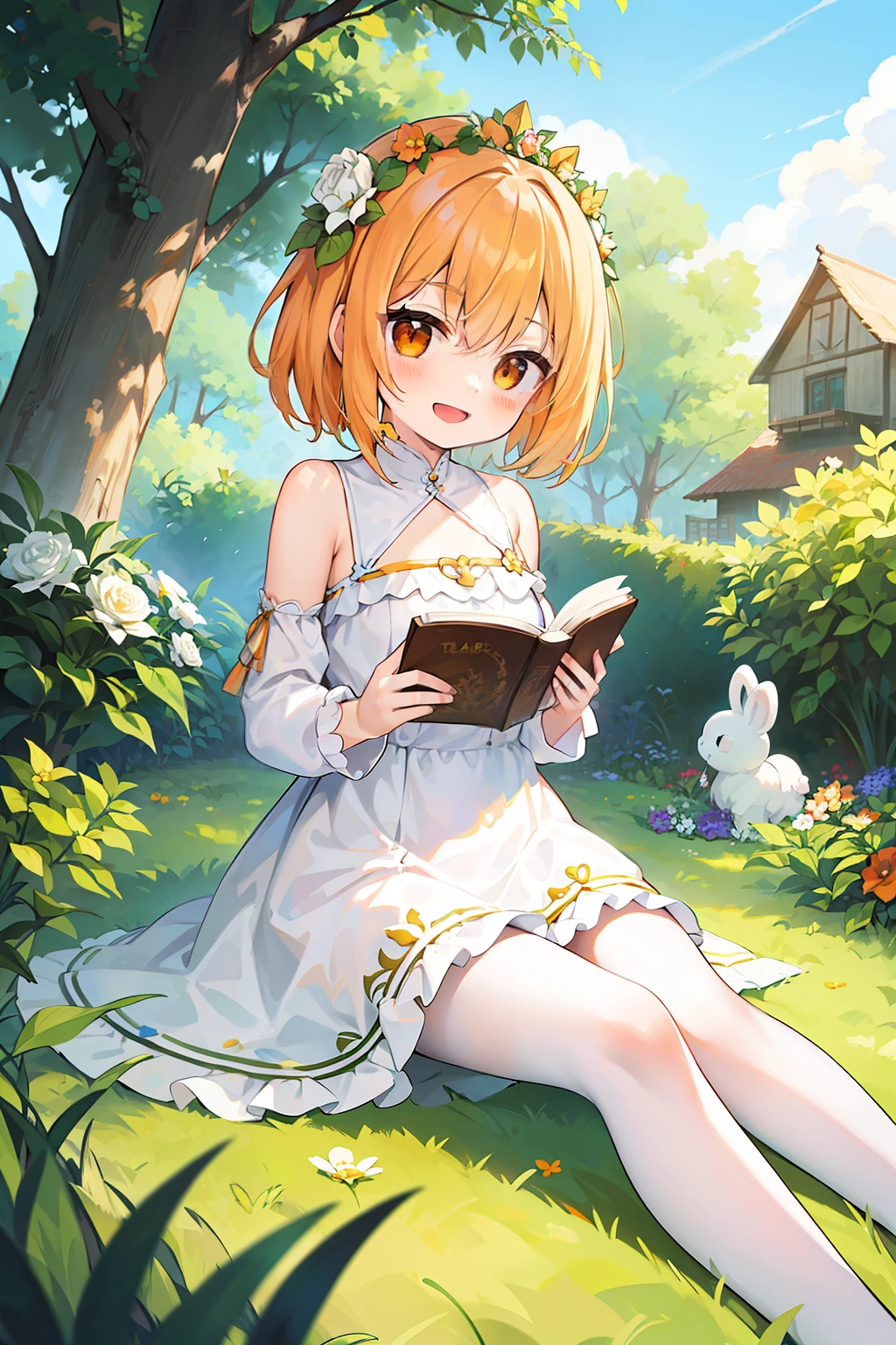 masterpiece, best quality, 1girl, solo, orange hair, short hair, shoulder-length hair, straight hair, orange eyes, round eyes, white picnic dress, long sleeves, frilled, (with a flower crown on one's head), holding a brown book, in the garden, Sitting on the grass, smiling, happy, ((with the white rabbit))