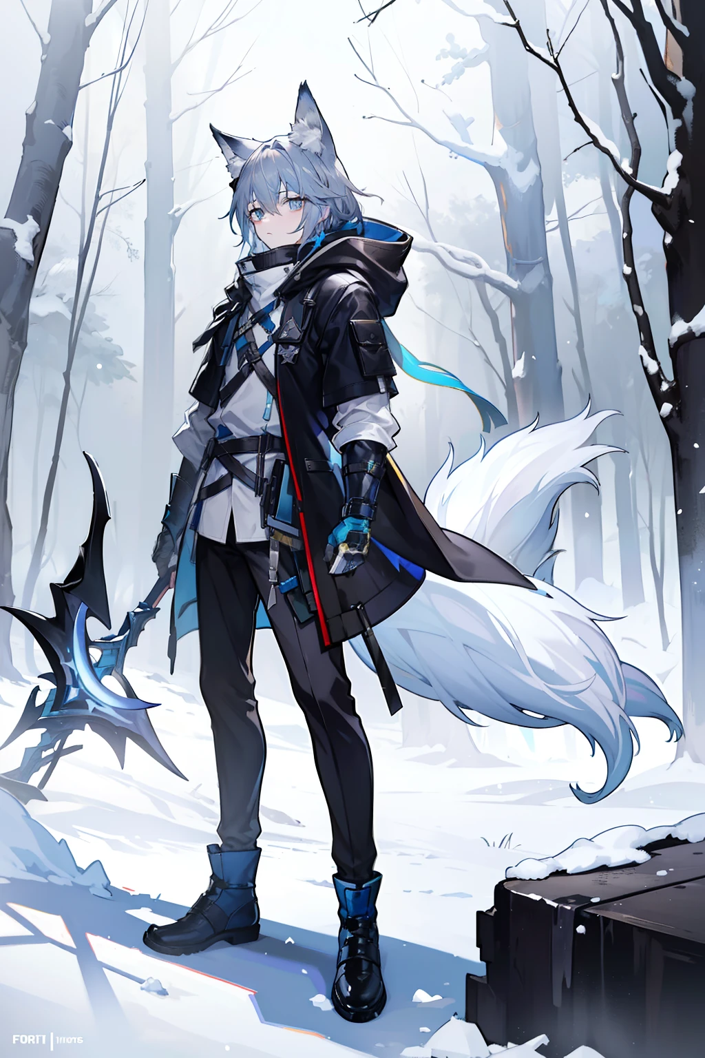 (masterpiece), best quality, expressive eyes, perfect face, 1boy, solo, (light shade hair, fox tail, blue grey hair, fox boy, young male, young boy, fox ears, light blue grey hair, pale light blue gray hair, pale blue hair, bluish cyan hair), azure eyes, yellow undertones, yellow highlights, (leather robe, brown cape, dark hood), staff, spellcasting staff, young boy, poor, ragged clothes, scratched clothing, poor clothing, not rich, basic clothing, short bangs, big eyes, dark brown robe, brown pants, rope tied, fox tail, scared, young face, eyebags, black pants, arknights design, arknights character, arknights style, dynamic pose, snow, light outfit, boots, snowy area, pale blue outfit, lebron james, pogi, kjerag, forest