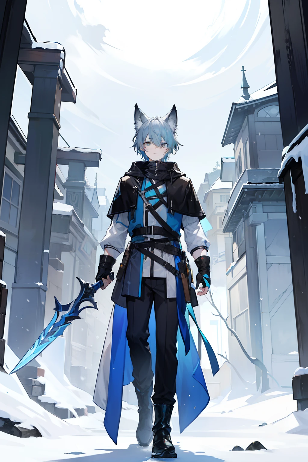 (masterpiece), best quality, expressive eyes, perfect face, 1boy, solo, (light shade hair, fox tail, blue grey hair, fox boy, young male, young boy, fox ears, light blue grey hair, pale light blue gray hair, pale blue hair, bluish cyan hair), azure eyes, yellow undertones, yellow highlights, (leather robe, brown cape, dark hood), young boy, poor, ragged clothes, scratched clothing, poor clothing, not rich, basic clothing, short bangs, big eyes, dark brown robe, brown pants, fox tail, scared, young face, eyebags, black pants, arknights design, arknights character, arknights style, dynamic pose, snow, light outfit, boots, snowy area, pale blue outfit, lebron james, pogi, kjerag, forest, daggers, dual wielding, knives, two daggers