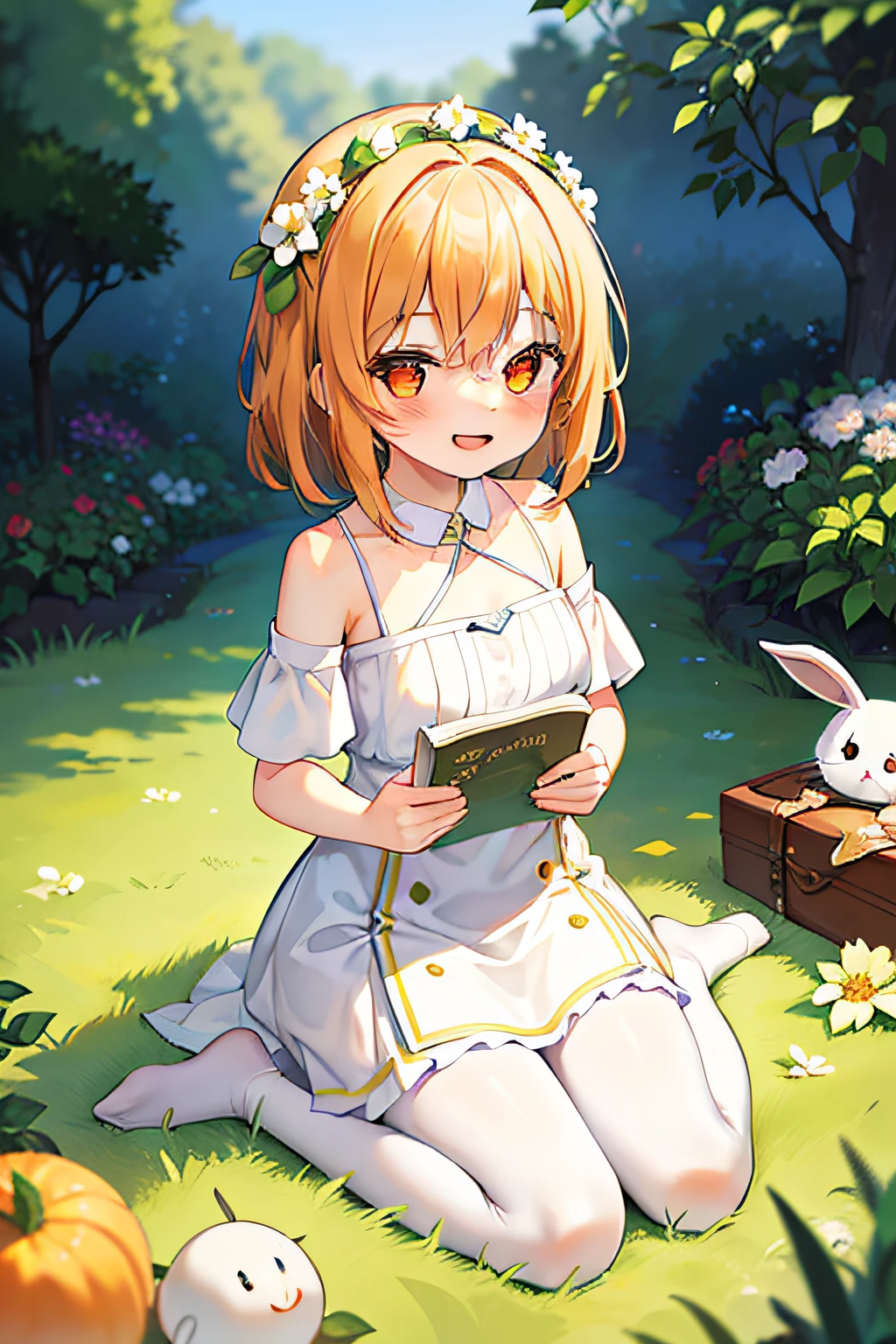 masterpiece, best quality, 1girl, solo, orange hair, short hair, shoulder-length hair, straight hair, orange eyes, round eyes, white picnic dress, with a flower crown on one's head, holding a book, in the garden, smiling, happy, ((with the white rabbit))