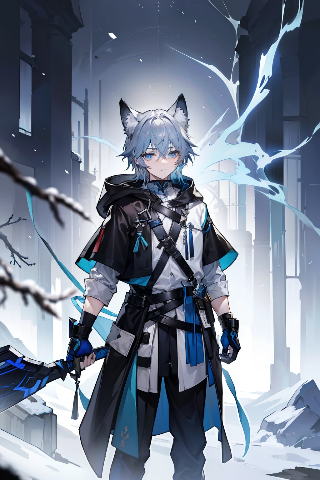 (masterpiece), best quality, expressive eyes, perfect face, 1boy, solo, (light shade hair, fox tail, blue grey hair, fox boy, young male, young boy, fox ears, light blue grey hair, pale light blue gray hair, pale blue hair, bluish cyan hair), azure eyes, yellow undertones, yellow highlights, (leather robe, brown cape, dark hood), young boy, poor, ragged clothes, scratched clothing, poor clothing, not rich, basic clothing, short bangs, big eyes, dark brown robe, brown pants, fox tail, scared, young face, eyebags, black pants, arknights design, arknights character, arknights style, dynamic pose, snow, light outfit, boots, snowy area, pale blue outfit, lebron james, pogi, kjerag, forest, daggers, dual wielding, knives, two daggers