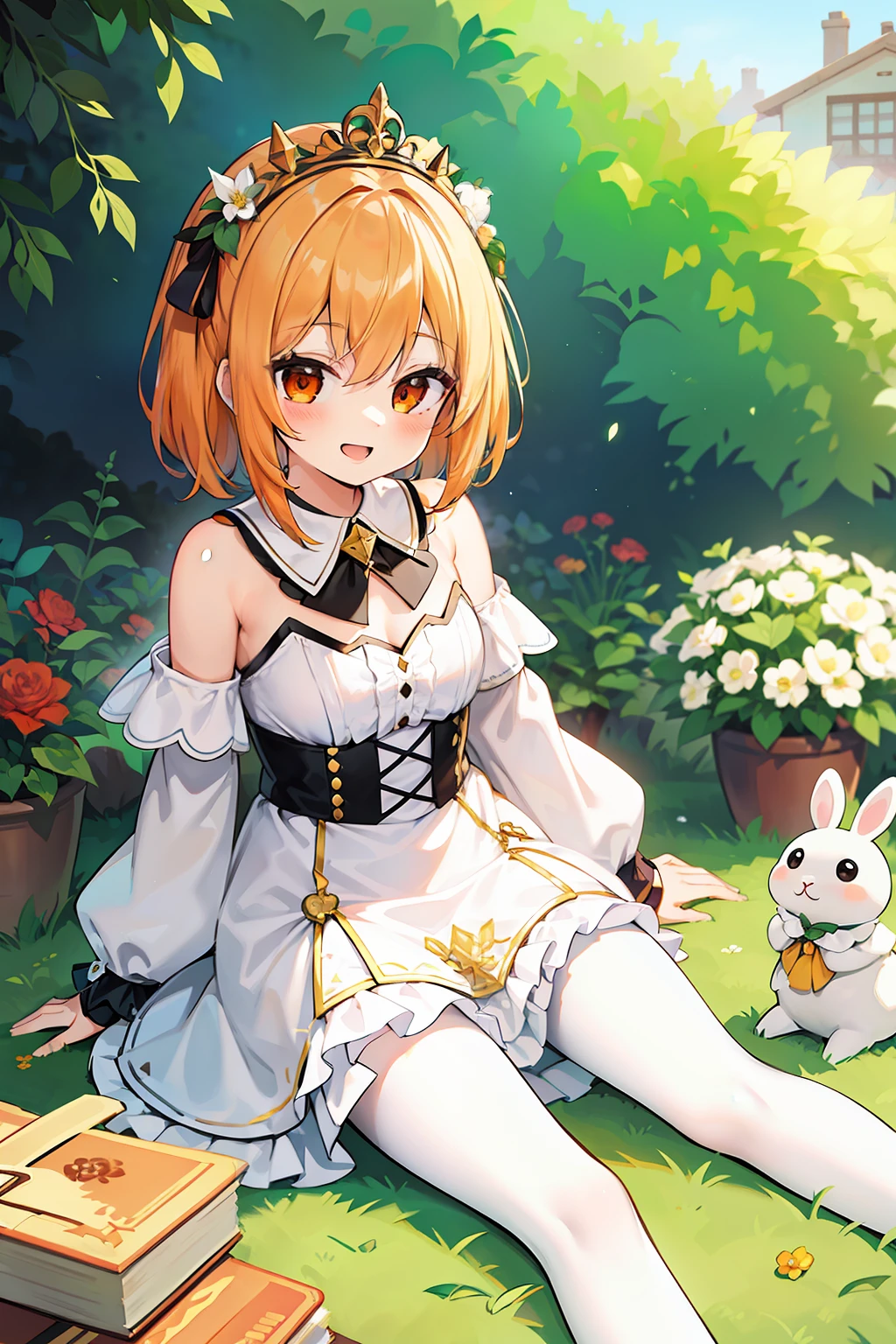 masterpiece, best quality, 1girl, solo, orange hair, short hair, shoulder-length hair, straight hair, orange eyes, round eyes, white picnic dress, long sleeves, frilled, with a flower crown on one's head, holding a book, in the garden, smiling, happy, ((with the white rabbit))