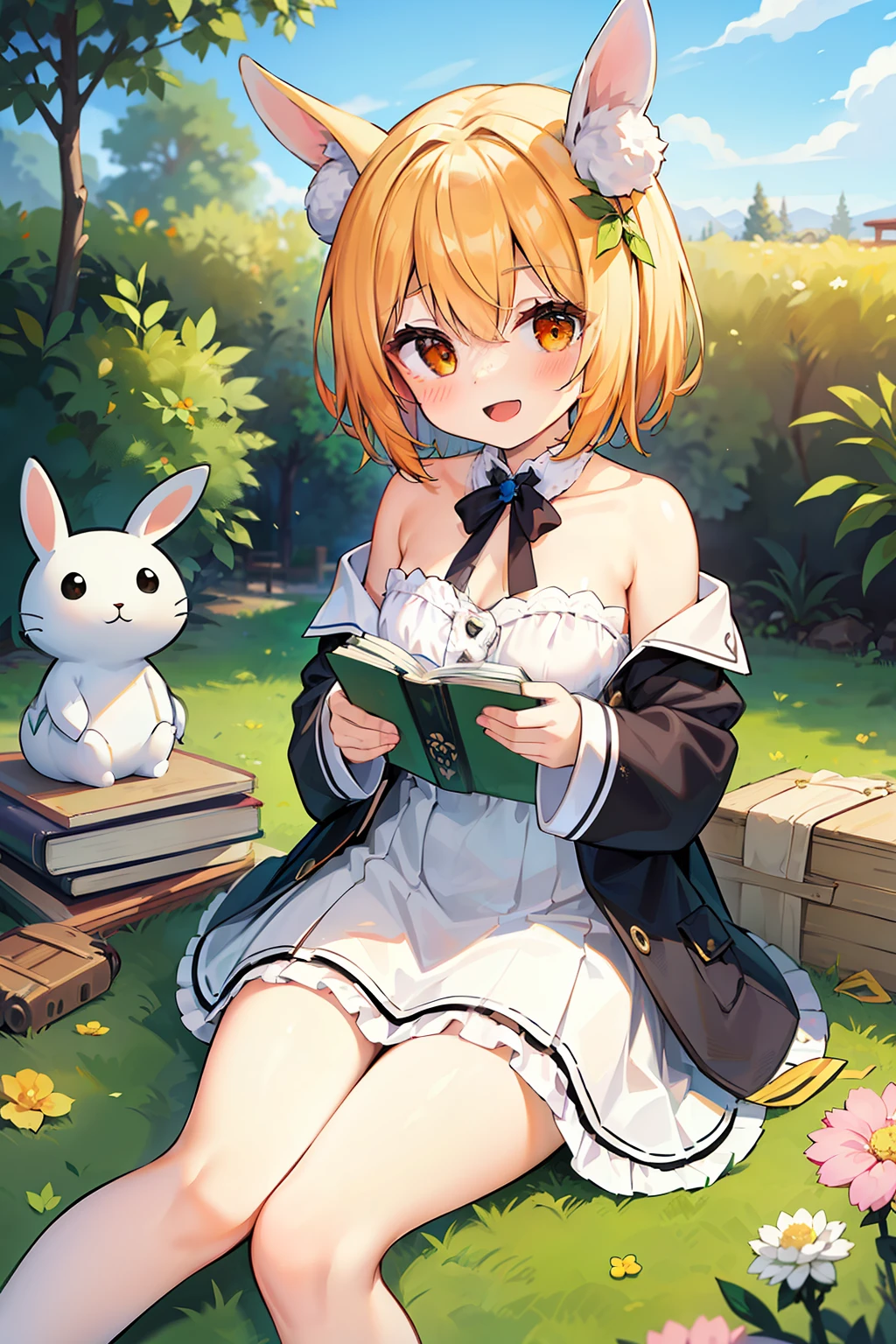 masterpiece, best quality, 1girl, solo, orange hair, short hair, shoulder-length hair, straight hair, orange eyes, round eyes, white picnic dress, long sleeves, frilled, (with a flower crown on one's head), holding a book, in the garden, Sitting on the grass, smiling, happy, ((with the white rabbit))