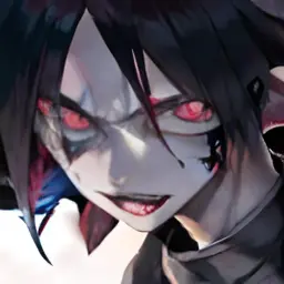 a close up of a person with a purple eye and black hair, sasuke uchiha, he's very menacing and evil, joker looks like naruto, sharp red eyes, his eyes are bleeding intense,  large red eyes!!!, He is very cool, this scene he fight momoshiki