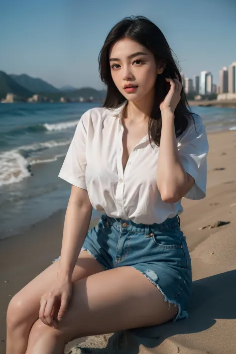 20 years old woman, Chinese-English mixed-race,Big Beautiful, (Asian beauty) Thick lips, full pouty lips, Detailed lips, Detailed eyes, She wears a loose shirt，Harnes，Ultra shorts，hot pant，slippers，)) Stand by the beach, china town, 8K of bend, analogue st...