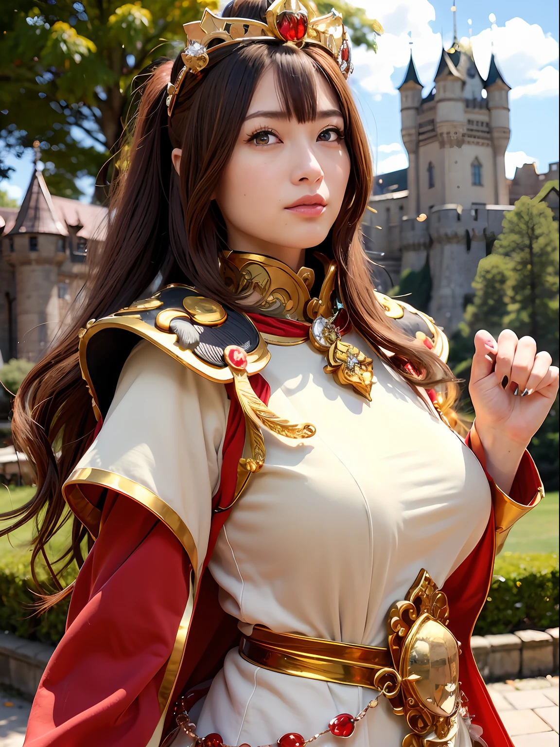 (masutepiece), Professional , ​masterpiece、top-quality、photos realistic , depth of fields （Gemstone Silver Metal Body:1.９),(Matte yellow、Jewel Gold Weapon、（Gorgeous castle background）、（Jewel Metal Body:1.４),Gorgeous Jewel Metal Weapons , Detailed Sword of the Brave ,（ Soldier background in metal armor）   ,warhammer 40k , adepta sororitas,Detail and ornate jewel crown、独奏、Brown hair、（Gangle's forest background）、Beautiful Caucasian beauty、１a person、dynamic ungle,(((Diamond tiara with detail and luxury)))、a small face、A smile、Powerful poses、（Gorgeous castle background）、huge filesize、20 year old beautiful woman、Stand in the center of the screen、Thin female fingers、Straight long hair、Beautiful Caucasian beauty、