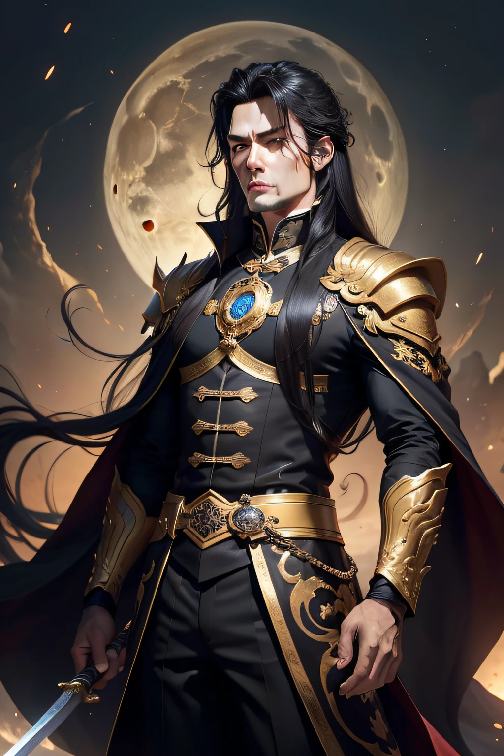 Masterpiece, Best quality, Night, full moon, Dark Warlock, Mature man, Ancient China, Black hair, Black eyes, Split ends of hair, Long hair, Long bangs, Handsome, Diao noodles, Handsome, Masculine, gentle, Tall, calm, Black and gold alternating costumes, Gold pattern, prince, Sword pairing, Side, Facial details, The face is delicate