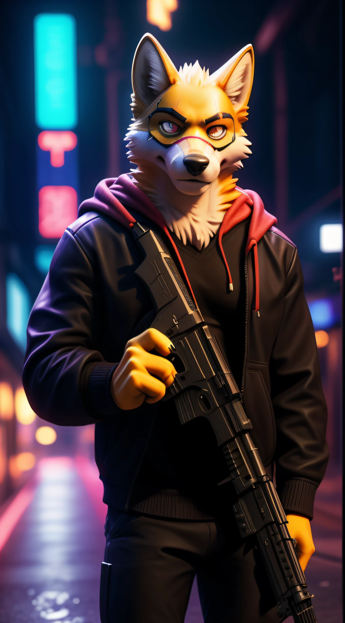 there is a man in a fox mask holding a gun, rendered in sfm, hyper detailed full body shot, super detailed rendering, SFM rendering, rendered in redshift, Cinematic bust shot, fully detailed rendering, high detailed full body, furry character, detailed cinematic rendering, with cinematic lighting, cinematic full character, extra detailed body, hyper realistic style, detailed portrait shot