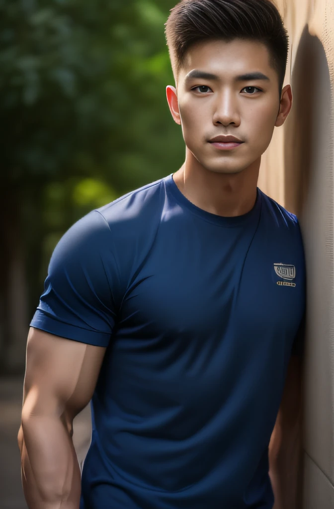 A man in a police uniform in his 20s poses for a photo..., Wear a navy shirt........, high-res, master-piece, bestquality, head:1.3,((Hasselblad photography)), finely detailed skin, crisp focus, (Cinematic lighting), nighttime, gentle lighting, dynamic angle, [:(detailed face:1.2):0.2],(((exercise))), outside