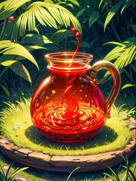 Wallpaper, Fantasy Grass Garden, Red Glass Bottle, Potion, Magic Potion, Wonderful Particles, (Glowing Red Liquid), Artifact Jar, Centered, (best quality:1.1), (masterpiece:1.2), high quality shadow, beautiful detailed, depth of field, highres, best shadow...