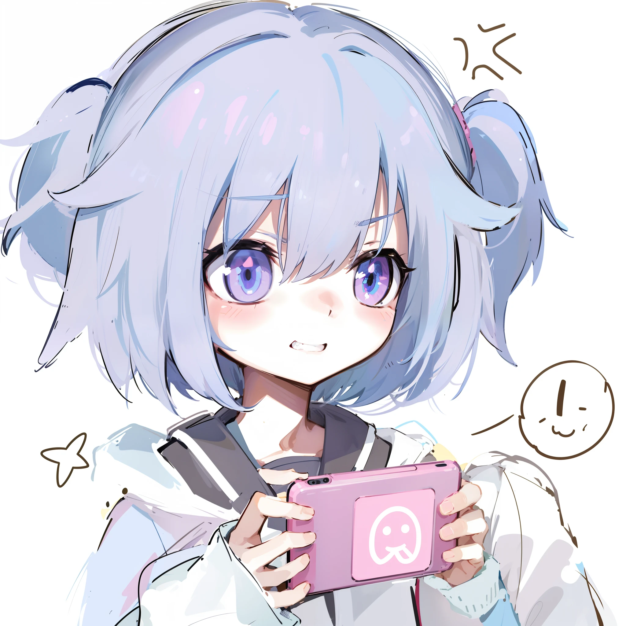 Anime boy with blue hair holding a pink cup，grin face, anime moe art style, accidentally taking a selfie, checking her phone, with index finger, she has a cute expressive face, tired haunted expression, tired and haunted expression, in an anime style, she is holding a smartphone, anime-twitter, Kantai collection style