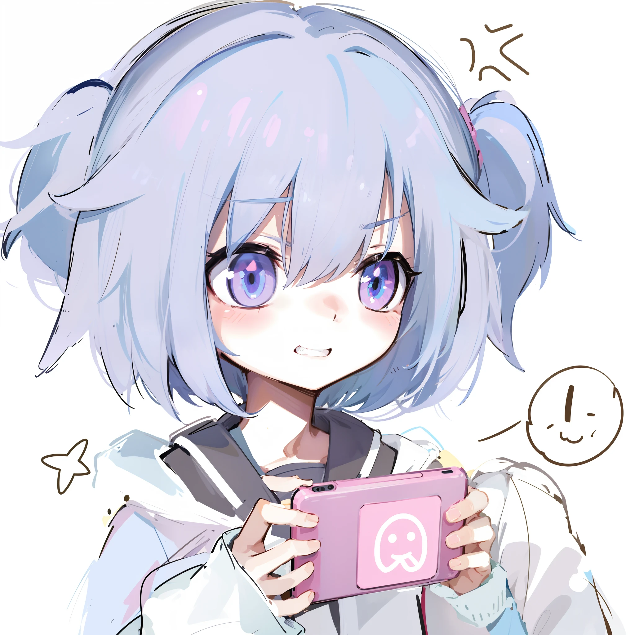 Garçon anime aux cheveux bleus tenant une tasse rose，visage souriant, style artistique anime moe, prendre accidentellement un selfie, Vérifier son téléphone, avec l&#39;index, elle a un joli visage expressif, expression hantée fatiguée, expression fatiguée et hantée, dans un style anime, elle tient un smartphone, anime-twitter, Style de collection Kantai