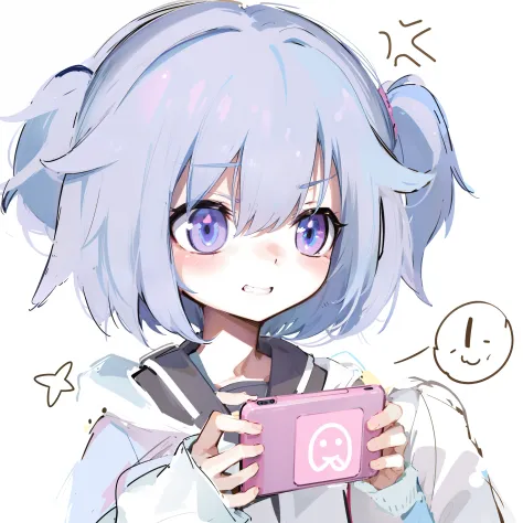Anime boy with blue hair holding a pink cup，grin face, anime moe art style, accidentally taking a selfie, checking her phone, wi...
