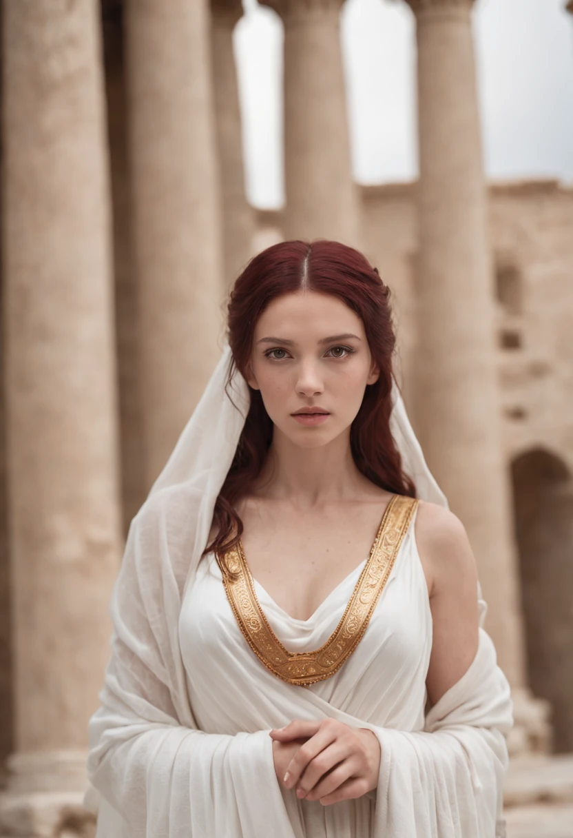 Greek goddess of hearth and fire, with ((dark red hair)) and ((dark red eyes)), is fair-skinned, wears a long white greek toga and a white veil, looks mysterious and beautiful, inside of an ancient greek temple, "holy fire of vesta", Greek mythology, sacred atmosphere, photorealistic, super high quality, super detail, ultra accurate description of hands, masterpiece, 8K, HDR