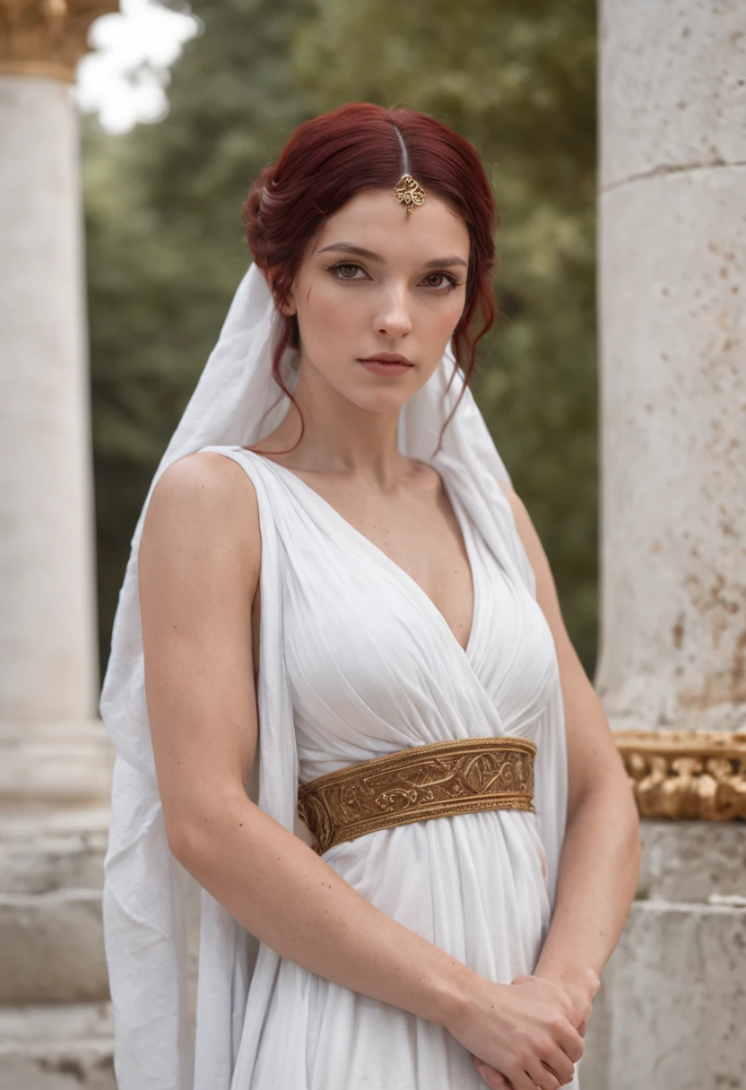 Greek goddess of hearth and fire, with ((dark red hair)) and ((dark red eyes)), is fair-skinned, wears a long white greek toga and a white veil, looks mysterious and beautiful, inside of an ancient greek temple, "holy fire of vesta", Greek mythology, sacred atmosphere, photorealistic, super high quality, super detail, ultra accurate description of hands, masterpiece, 8K, HDR