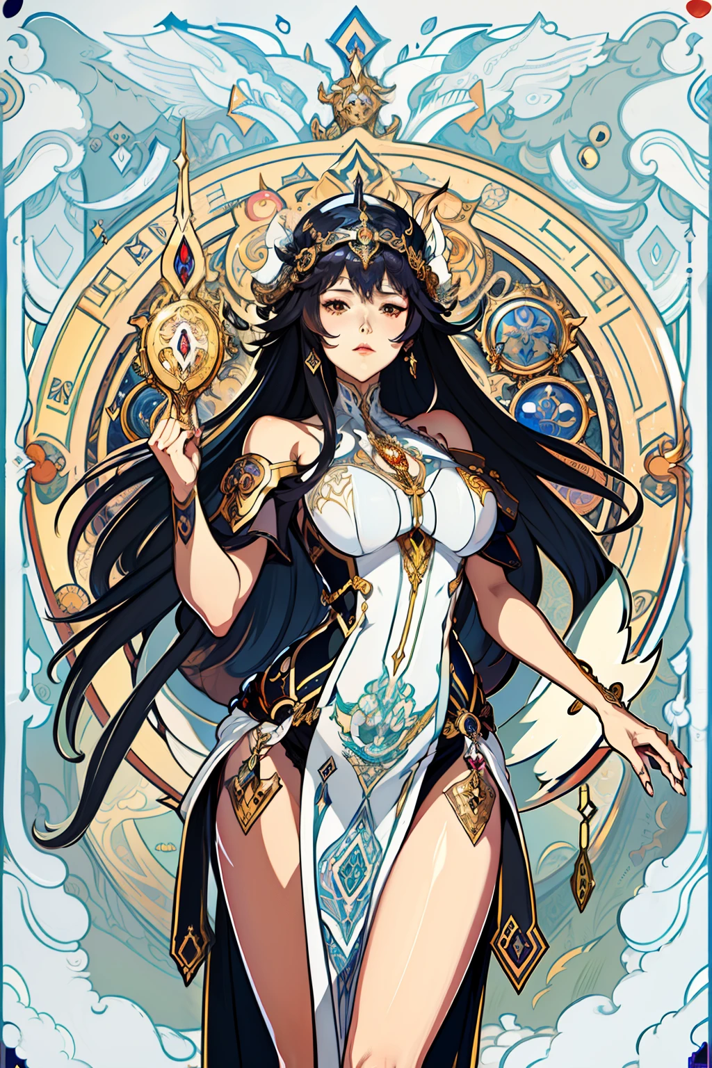 arafed image of a woman with a clock in her hands, alphonse mucha and rossdraws, mucha style 4k, artgerm mucha, korean art nouveau anime, portrait knights of zodiac girl, goddess. extremely high detail, anime fantasy illustration, detailed digital anime art, gorgeous goddess of leo, anime art nouveau, talor liner, stick liner.