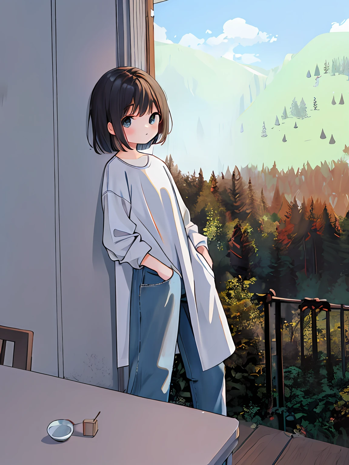 masterpiece,best quality,1girl, chibi,standing at the table, leaning against the wall, with pockets inserted, black short hair, wearing a white shirt, jeans, very cute, with a background of forest scenery