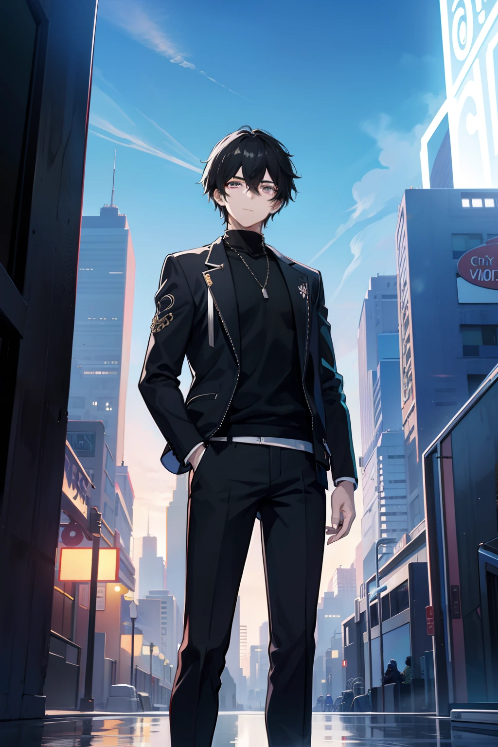 On the vibrant skyline of a modern fantasy city, A 27-year-old boy stands out with black hair that contrasts with his white skin, and silver eyes that seem to reflect the neon lights that illuminate the city. Viste un elegante traje negro adornado con sutiles detalles dorados que brillan bajo las luces de la ciudad. El manto largo que lleva agrega un toque distintivo a su figura, mientras se mueve entre rascacielos y pantallas de hologramas. en el fondo, The city comes alive with rivers of light and futuristic buildings that defy the imagination. Este es tu protagonista, A contemporary enigma in an urban world full of wonders and dreamy technology.