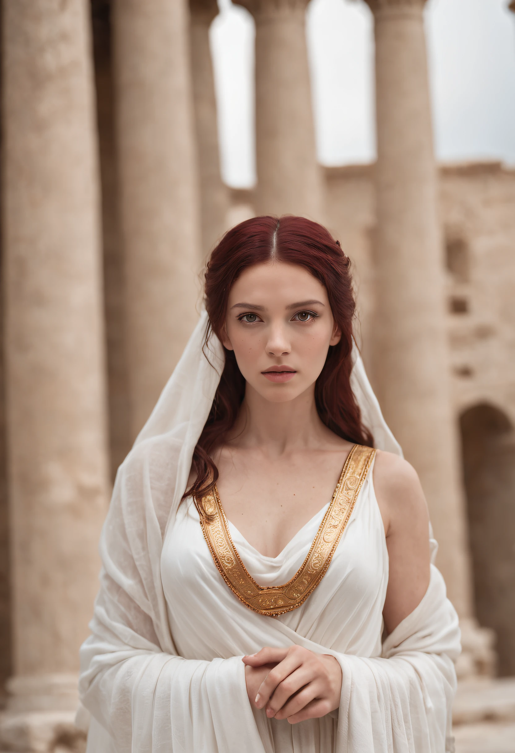 Greek goddess of hearth 그리고 fire, ~와 함께 ((검붉은 머리)) 그리고 ((검붉은 눈)), 피부가 희다, wears a long white greek toga 그리고 a white veil, looks mysterious 그리고 beautiful, 고대 그리스 사원 내부, "베스타의 신성한 불", 그리스 신화, 신성한 분위기, 사실적인, 슈퍼 고품질, 슈퍼 디테일, ultra accurate description of h그리고s, 걸작, 8K, HDR