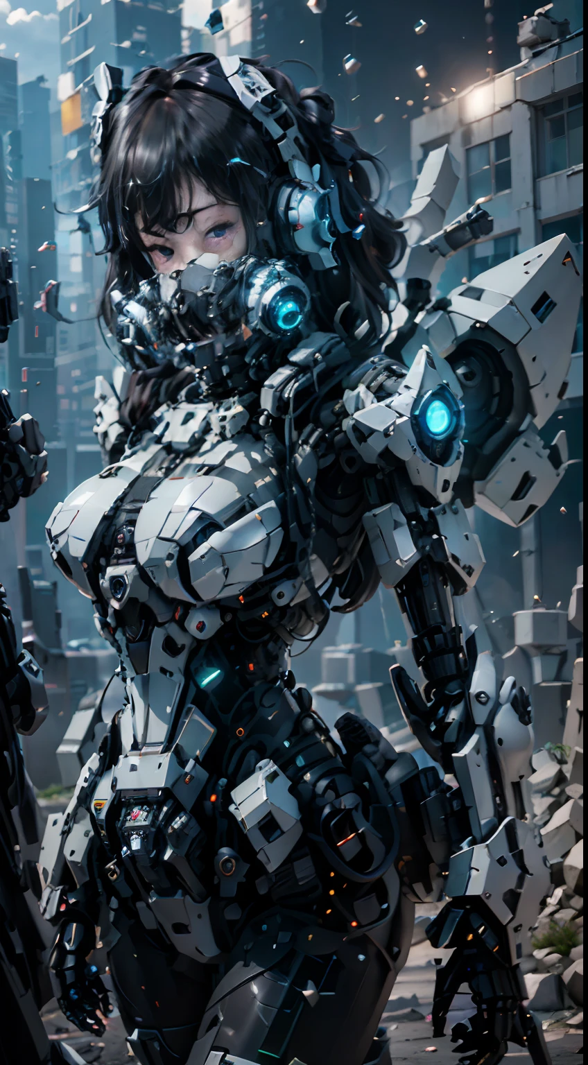 A black、cyber punk style、ultra-detailliert、hight resolution、white messy long hair、breasts are large、delicated face、A beautiful girl wearing a mecha mask stands in the ruins.、Behind her is a giant robot、Holding a heavy sniper beam rifle in your hand、(Luminescent particles:1.4)、(extremely details CG、Unity 8k Wallpapers、3D、lighting like a movie、lensflare)、Reflectors、foco nítido、Cyberpunk Art、Cyberpunk architecture、