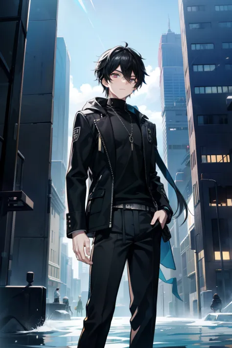 On the vibrant skyline of a modern fantasy city, A 27-year-old boy stands out with black hair that contrasts with his white skin...