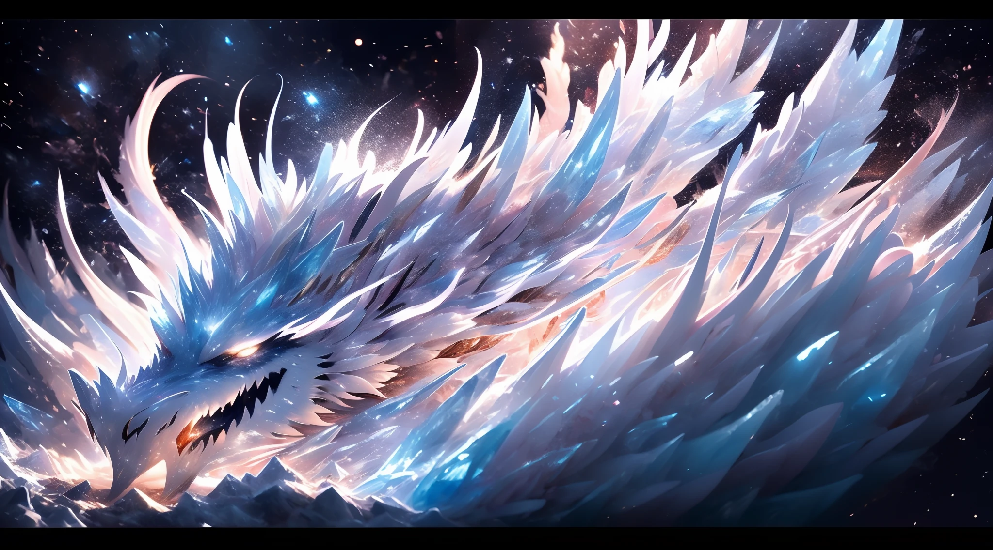 (((best quality)))), ((ultra-detailed))), (((masterpiece))), illustrations In this Ice Age scene, the addition of the element of fire brings strong contrast and visual impact. In the center of the picture, a glacier dragon stands majestically, its body is composed of countless ice-blue scales, each of which is like an independent ice crystal, (8K ultra-high definition), and the edge of each scale is clearly visible. However, what was amazing was that the dragon's mouth spewed not an icy breath, but a blazing flame. The flames jumped and burned in the cold air, illuminating the surrounding ice and snow, creating a strange scene of ice and fire blending. This flame is like a bright star, illuminating the night sky of the Ice Age. The blazing heat of the flames contrasts sharply with the coldness of the glaciers, symbolizing the power of life and the harshness of nature. In this icy world, the presence of flames brings hope and life, adding more layers and depth to the Ice Age scene. On the distant skyline, a bright moon slowly rises, casting a faint glow. The moonlight shines through the mist on the glacier, reflecting the twinkling ice crystals, which contrasts with the blazing heat of the flames, creating a mysterious and dreamy atmosphere. The whole picture emphasizes the magnificence and mystery of the ice age, and conveys the unique atmosphere of this ice magic domain through the use of light and shadow and the change of color. The elements of ice and fire are cleverly combined to create a unique visual impact that will not be forgotten.