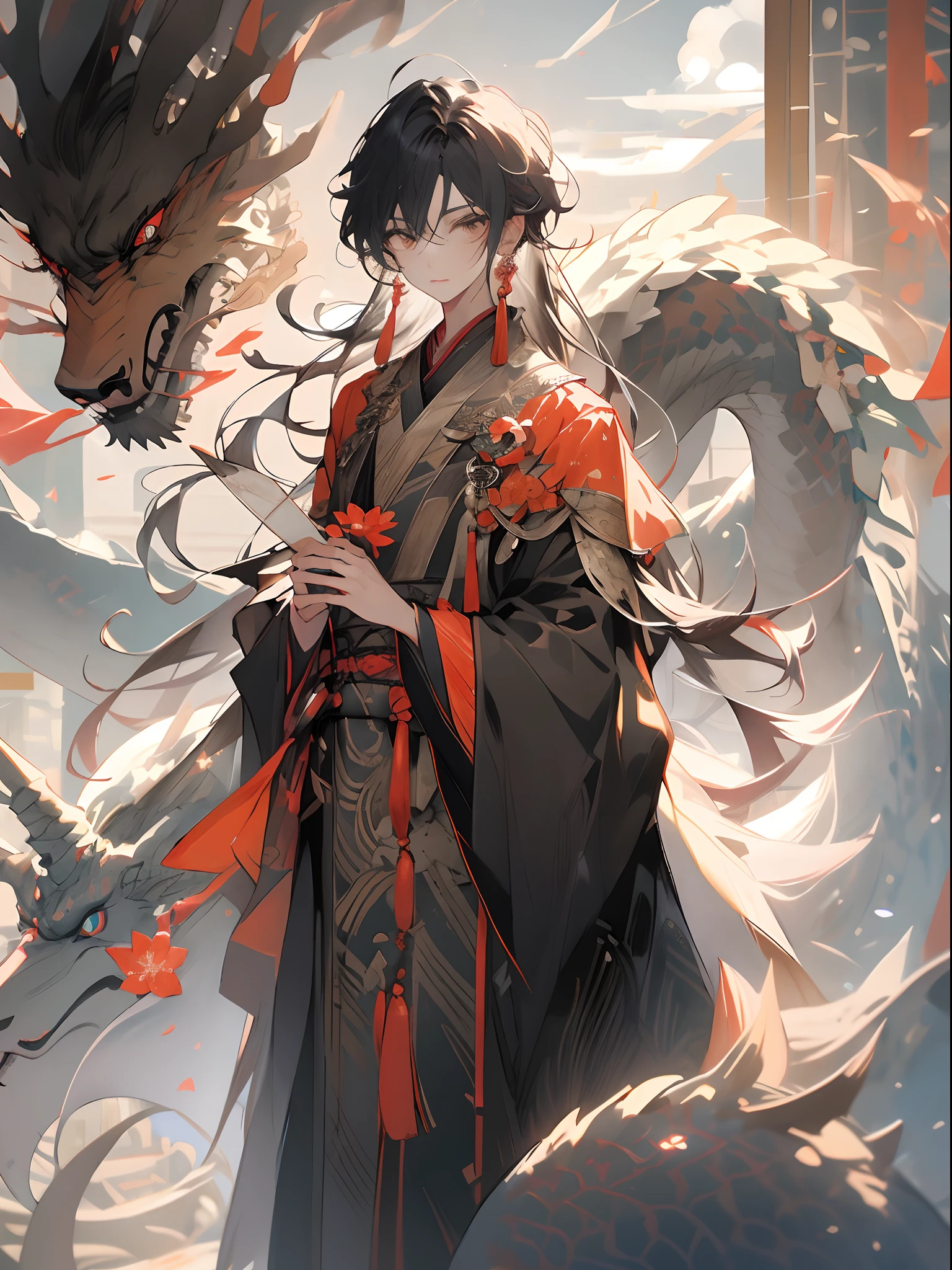 , (Masterpiece:1.2), Best quality,Pisif,midjourney portrait,
Long hair, Hanfu, 1boy, flower, Male focus, Chinese clothes, Holding, jewelry, full bodyesbian, Earrings, flor branca, Long sleeves, standing, nipple tassels, Wide sleeves, Dragon, Solo, Black hair, Parted bangs, Very long hair, whaite hair, multicolored hair, holding flower, view the viewer, Tassel earrings, Closed mouth, bangs, White hair